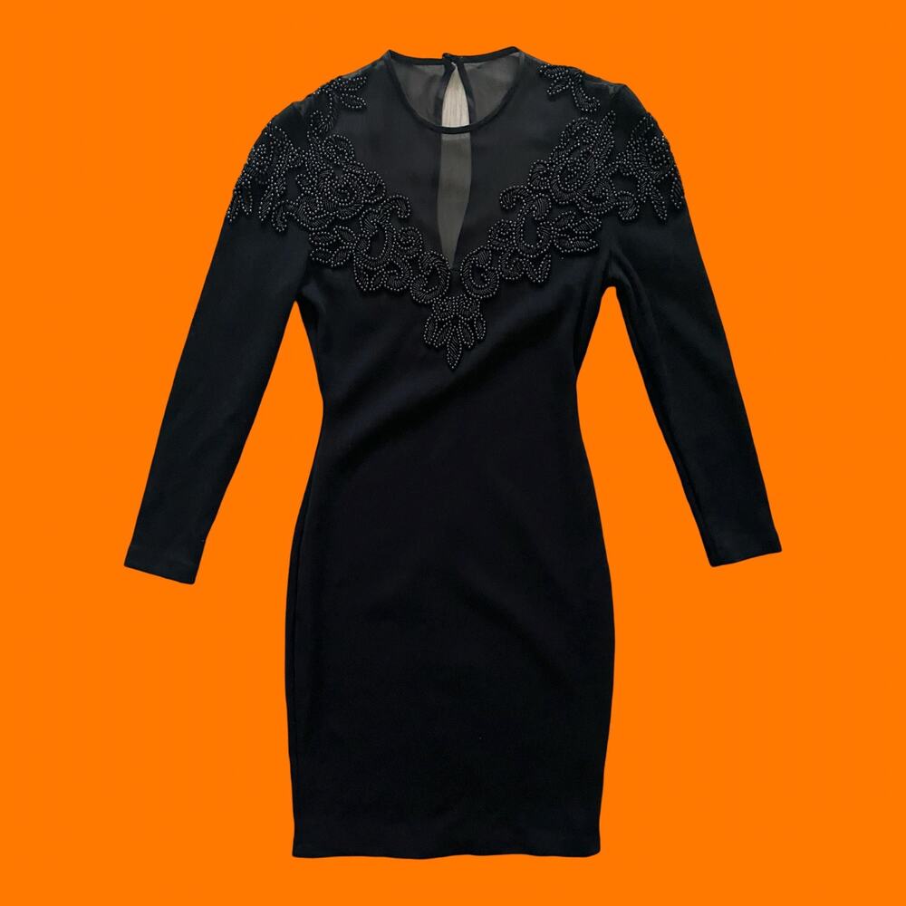 90's vintage black wool blend high neck mesh beaded bodycon mini dress SMALL